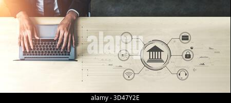 A concept of digital banking and online financial technology (FinTech) services. A central platform for secure transactions, support, and business Stock Photo