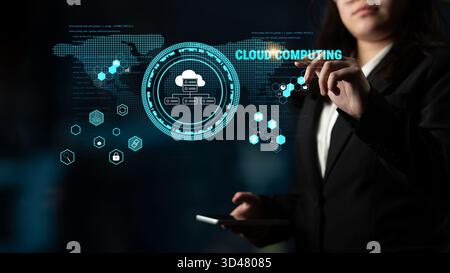 Global cloud computing platform providing services for software development. A worldwide network for data storage, security, and application hosting Stock Photo