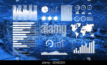 This image showcases a modern data visualization concept featuring various graphs, charts, and a global map overlaying a vibrant city skyline at night Stock Photo