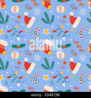 Seamless light blue pattern with Christmas elements Santa hats, stockings, candy canes, pine branches, and Ho Ho Ho. flat vector design, perfect for holiday wrapping paper, backgrounds, and textiles.  Stock Vector