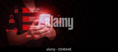 A man with smartphone facing hacking scam alert messages and hackers in red digital background, representing call center scammer, phishing attack, ide Stock Photo