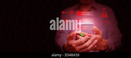 A man looking at hacking alert on mobile device showing fraudulent bank contact and scam messages, representing data risk, cybercrime, call center sca Stock Photo