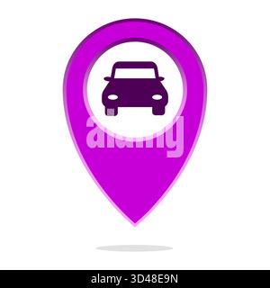 Car parking location. Purple map pin. Automobile silhouette symbol. Vector transport icon. Stock Vector