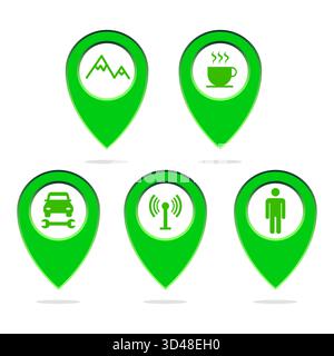 Outdoor location pins. Green nature markers. Vector activity symbols. Mountain car tent Stock Vector