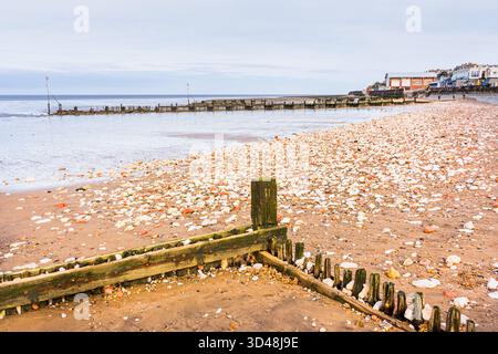 Ovelrooking the pebbled beach at Hunstanton on the West Norfolk coast featuring the chalk rock and zg zag wooden groynes. Stock Photo