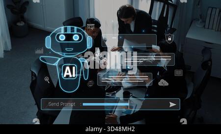 Professionals in a modern office engaging in a collaborative meeting with the assistance of an artificial intelligence interface, enhancing Stock Photo