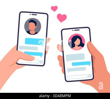Couple in love texting. Male and female hand holding smartphones with text messages chat. Online dating app relationship. Stock Vector