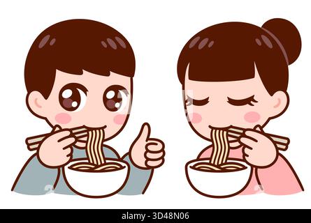Kawaii Chibi style girl and boy eating noodles with chopsticks. Cute cartoon anime characters vector clip art illustration. Stock Vector