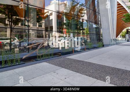 Vancouver, BC, Canada - July 8, 2023: Close up of TELUS logo sign at TELUS Garden in Vancouver, BC, Canada. Stock Photo