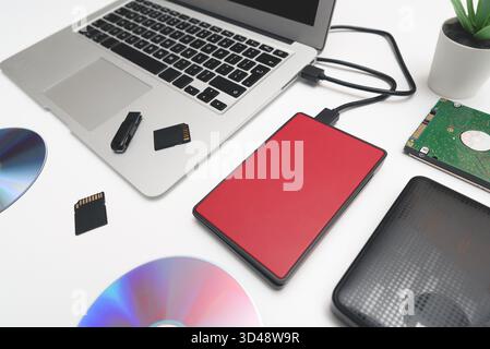 Multiple storage devices, pendrive, memory cards. Backup data Stock Photo