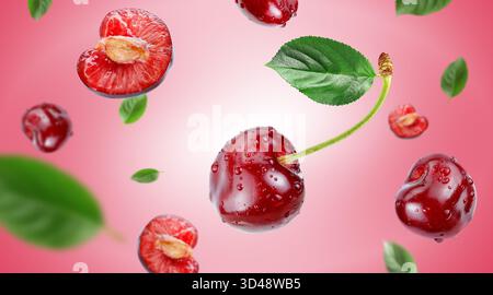 red cherry with water drops flying in the air stream on pink background Stock Photo