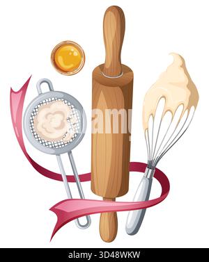 Kitchen Baking Utensils Illustration – Rolling Pin, Whisk, Egg, and Flour Sieve for Bakery Shop, Recipe, or Menu Design Stock Vector