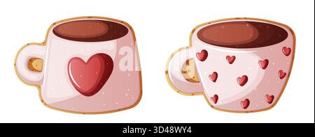 Cocoa Mug & Coffee Cup Shape Cookie Set with Heart Decorations for Love Theme Holiday Projects Stock Vector