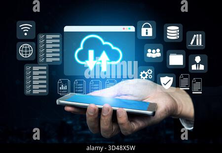 Cloud upload and download icon with surrounding data management, security, and analytics icons in digital interface Parse Stock Photo