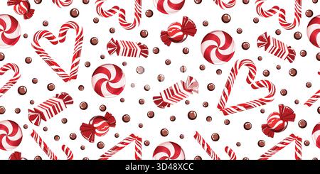 Red and White Candy Cane Hearts, Toffee and Chocolate Seamless Pattern. Festive Holiday Sweets Background Stock Vector