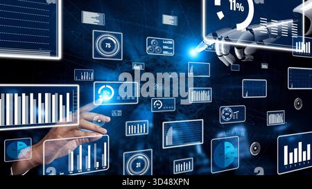A conceptual illustration of a robotic hand interacting with a futuristic digital interface filled with data visualization elements like graphs and Stock Photo