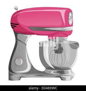Modern Pink Stand Mixer with Empty Bowl. Static Kitchen Appliance Illustration for Baking and Cooking Stock Vector