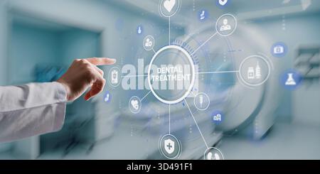 Hand pressing a button with the inscription Dental Treatment on a touch screen. Stock Photo