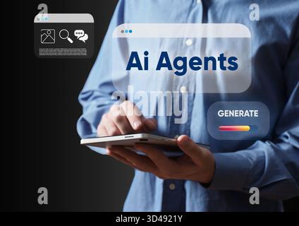 Person interacting with a digital tablet displaying an overlay interface for AI agents. Ai generated production. Stock Photo