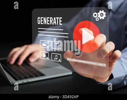 Human hand interacting with a futuristic interface for artificial intelligence generating video, image, text, and audio content Stock Photo