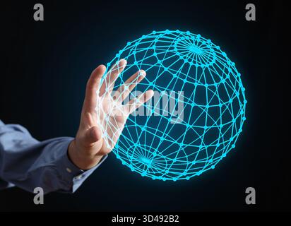 Hand creating a digital global network sphere, representing future technology, business connection, and internet communication Stock Photo