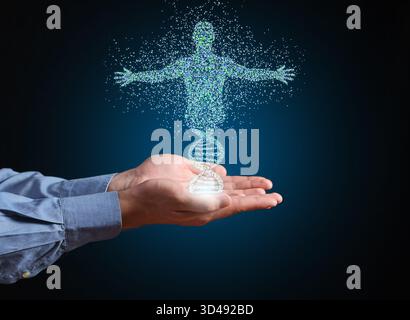 Hands holding a glowing digital representation of a human body and DNA helix, representing advanced genetics research and future technology Stock Photo