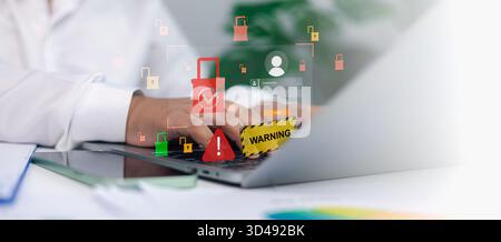 Cybersecurity warning concept with login screen, data protection, and alert symbols, representing online privacy, hacking prevention, and digital info Stock Photo