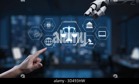 A human hand interacts with a robotic arm, highlighting the fusion of justice and technology, with various legal icons representing the future of law Stock Photo