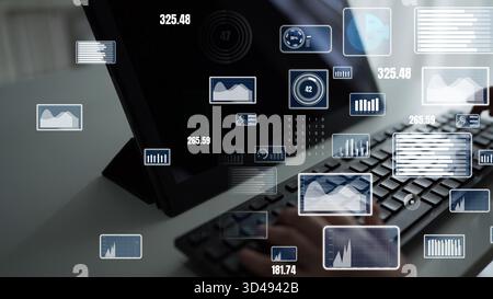 A modern workspace featuring a computer screen displaying various digital analytics, data visualizations, and graphs, illustrating contemporary Stock Photo