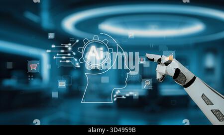 A robotic hand interacts with a digital interface showcasing artificial intelligence concepts, representing the future of smart technology and Stock Photo