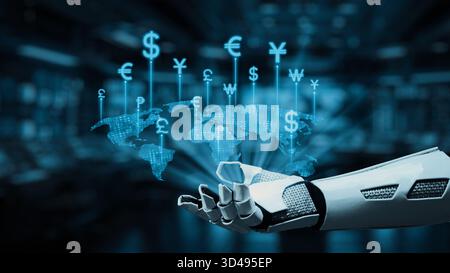A futuristic robotic hand showcases floating currency symbols above a digital world map in a high-tech environment, emphasizing innovation in finance Stock Photo