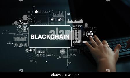 Conceptual Image of Blockchain Technology with Data Analysis on a Computer Screen and Hands Typing in a Modern Environment. Asymptotic smart data Stock Photo