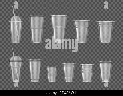 Plastic glasses. Different smoothie and milkshake glass. Lid and straw. Cocktail takeaway transparent utensil. Cold drinks and juice beverage. Realistic mockup. Vector isolated glassware illustration Stock Vector