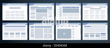 Browser window. Internet website icon. Example of flat web layout. Chat page header. Sitemap interface. Webpage banner prototype. Picture frame. News homepage. Search bar. Vector design templates set Stock Vector