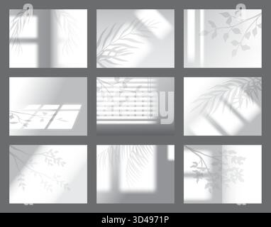 Window and plant shadow. Overlay effect collection. Transparent natural sunlight, frames with botanical leaf elements, tropical palm leaves. Room wall, jalousie shade mockup. Vector background set Stock Vector