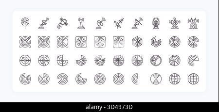 Radar logo. Sonar submarine range. Thin military scope or aim scan elements. Target crosshair. Fight optical sign. GPS navigation. Antenna tower transmitter. Satellite detection. Vector line icons set Stock Vector