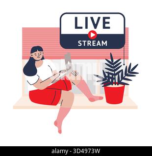 Live stream. Woman listening to online blog broadcast. Web podcast streaming. Girl with laptop on windowsill. Livestream vlog. News channel. Internet technology. Social media service. Vector concept Stock Vector