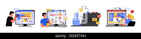 Software bugs. QA people tester. Web search report in digital programmer system. Digital process analyze. Artificial intelligence robot at computer. Malware analysis. Website test. Vector concepts set Stock Vector