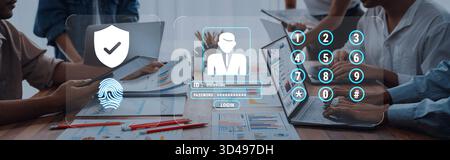 A detailed view of a secure authentication system featuring fingerprint scanning and password entry at a collaborative workspace, highlighting Stock Photo