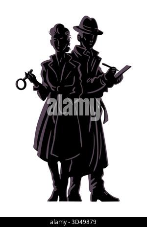Retro noir silhouette vector illustration of two detectives holding a magnifying glass and notebook. Versatile for logos, backgrounds, posters and edi Stock Vector