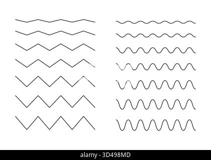 Transverse horizontal lines. Curvy, wavy zigzag lines. Simple undulate borders. Sine, air, wind sign set. River, water, lake, sea or ocean symbol Stock Vector