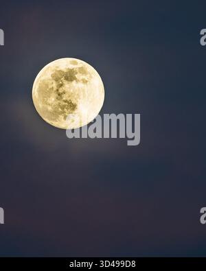 Close-up view of the full moon showing detailed surface texture against a dark night sky. Stock Photo