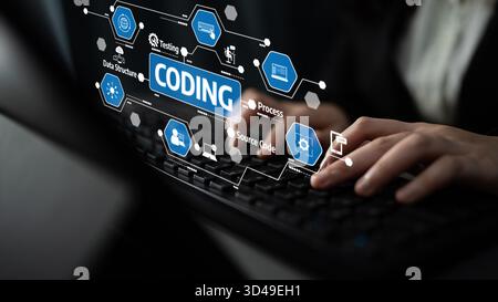 A detailed perspective of hands typing on a keyboard, surrounded by icons that symbolize coding and technology, highlighting the modern development Stock Photo