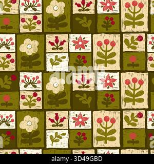 Folk Art Patchwork Crayon Seamless Pattern. Geometric Tiles Ornament with floral motifs, berries and branches with rustic effect. Textured Hand-Drawn Stock Vector