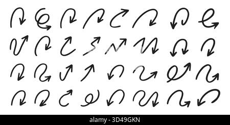 Collection of quirky spiral, curved, and twisted hand drawn arrows in various directions, ideal for creative design, infographic, or web elements, isolated on white background vector illustration Stock Vector