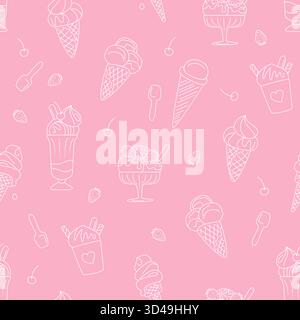 Seamless pattern featuring hand drawn ice cream cones, sundaes, and desserts with line art style on a pink background, ideal for playful summer designs vector illustration Stock Vector