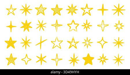 Collection of gold crayon doodle stars in various playful shapes and grunge textures, perfect for creative projects and children designs, isolated on white background vector illustration Stock Vector