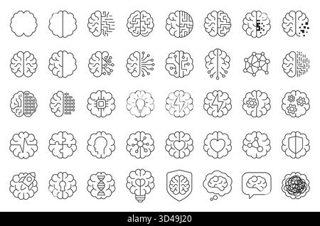 Collection of brain icons with technology, AI, and science themes, ideal for innovation, digital intelligence, and neural network projects, isolated on white background vector illustration Stock Vector