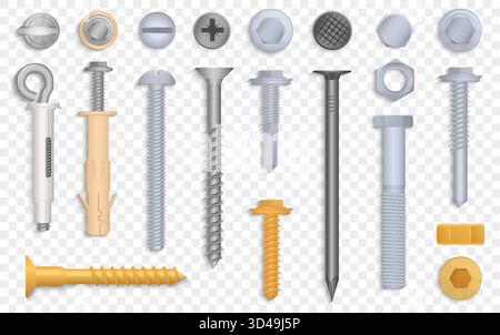 Detailed set of metal screws, bolts, nuts, anchors, and washers for industrial and construction use, displayed in a neat arrangement on white background vector illustration Stock Vector