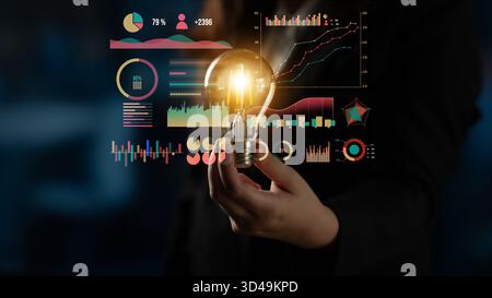 A business person creatively holds a glowing light bulb surrounded by colorful graphs and charts. The image symbolizes innovation, data analysis, and Stock Photo